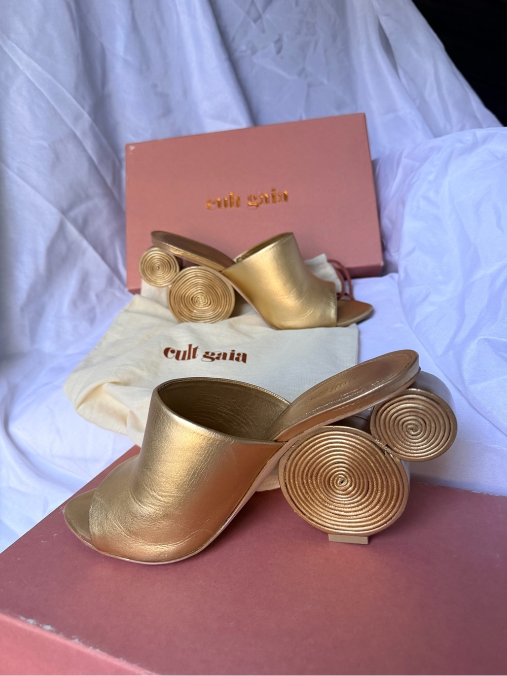 cult gaia Metallic Gold Sculptural Coil Heel Mules - Tayce Sandal
